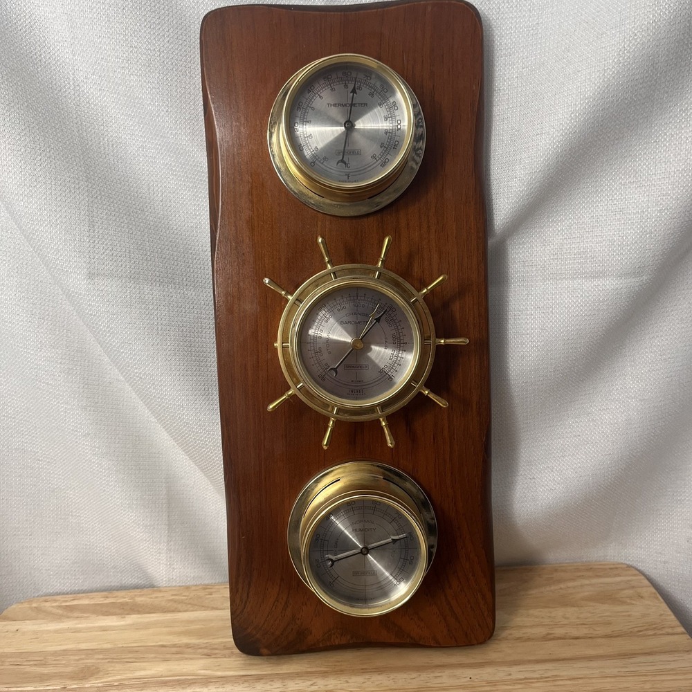 Vintage Weather Nautical Decor Wood Thermometer Barometer Hygrometer Fisherman